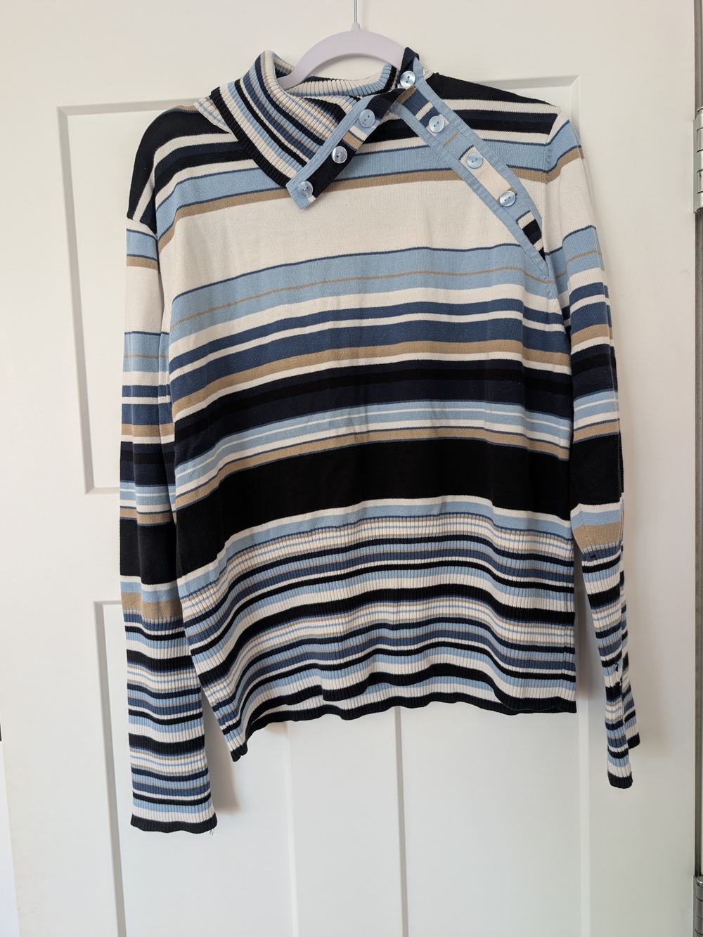 dressbarn Striped Mock Neck Long-Sleeve Shirt in Blue, Black, White & Tan